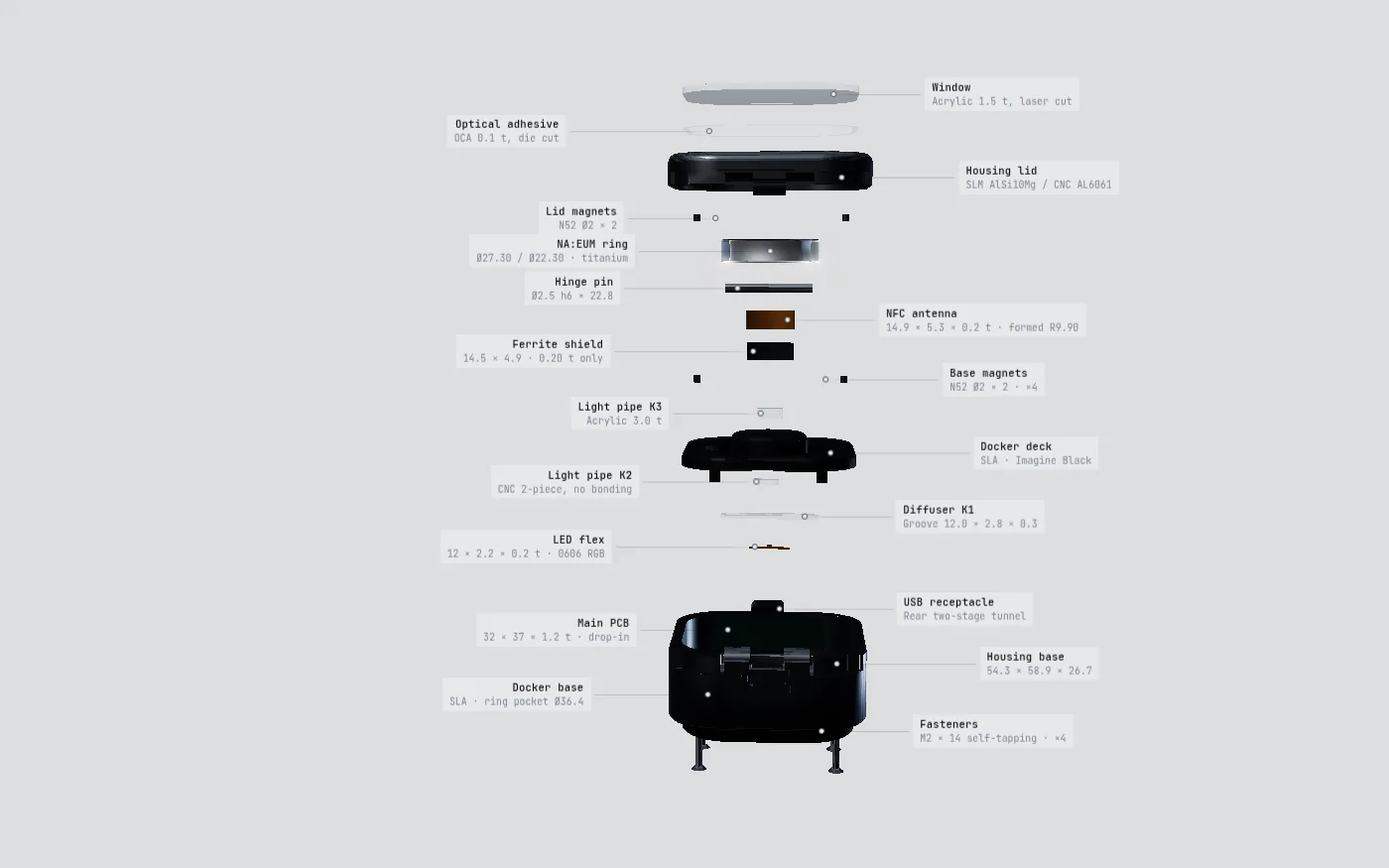 Exploded view of the charging cradle showing its twenty components stacked in assembly order.