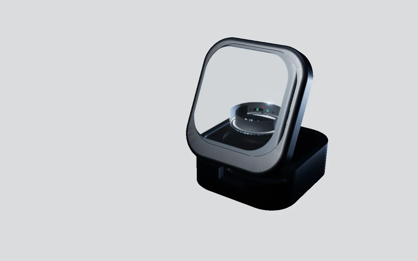 The NA:EUM ring resting in its open charging cradle.